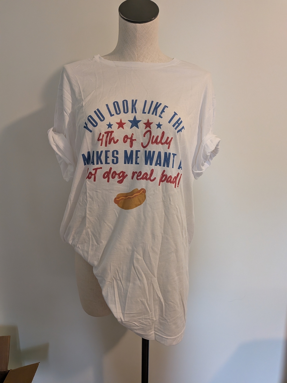 White Graphic Tee with 4th of July Hot Dog Print